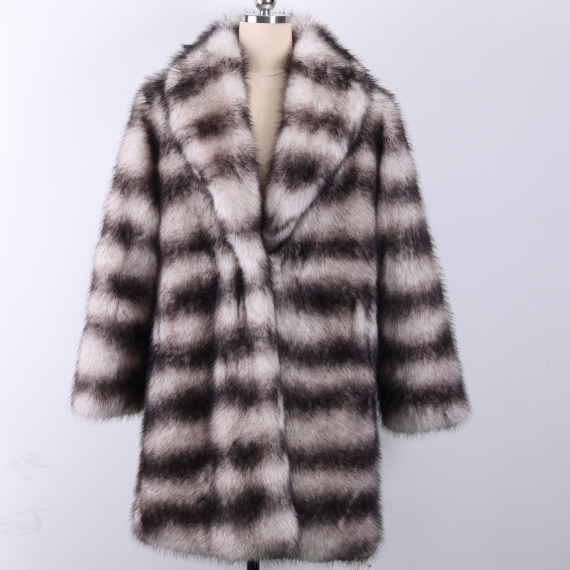 Long-Length Off-White Dyed Pointed-Collar Printed Horizontal Stripe Long-Pile Coat - Eco-Certified Winter Fur Coat